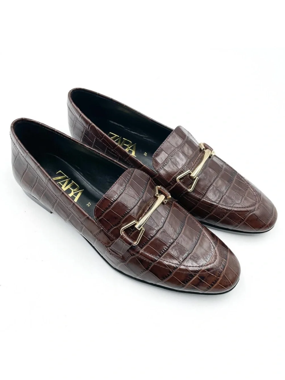 Zara Brown Croc-Embossed Leather Bit Loafers 37 6.5 - Picture 1 of 10